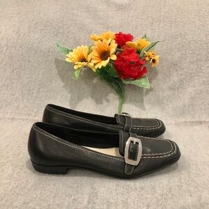 NWOT - St. John’s Bay Black Leather Loafers with Silver Buckle